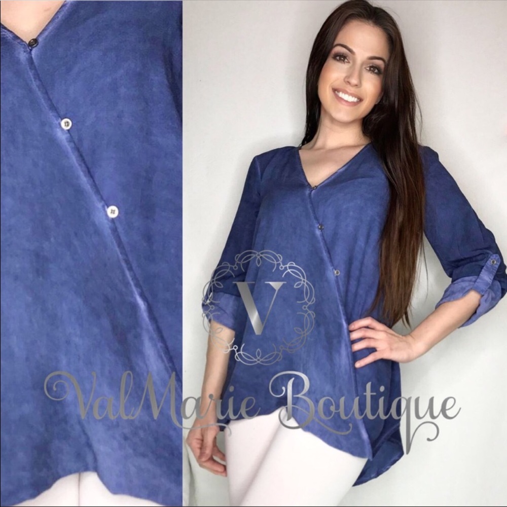 Denim Colored Surplice Button Blouse - Picture 5 of 7